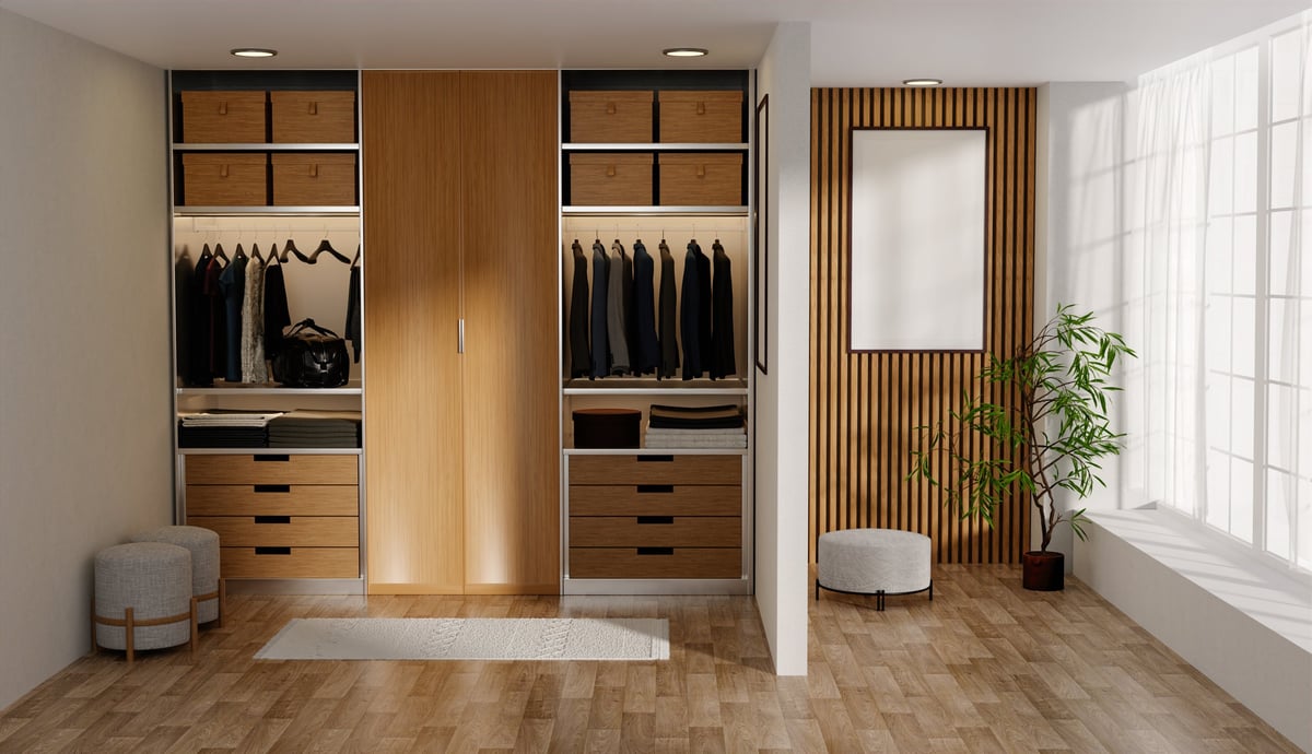 Vintage wooden wardrobe cabinet with natural light and wood elements