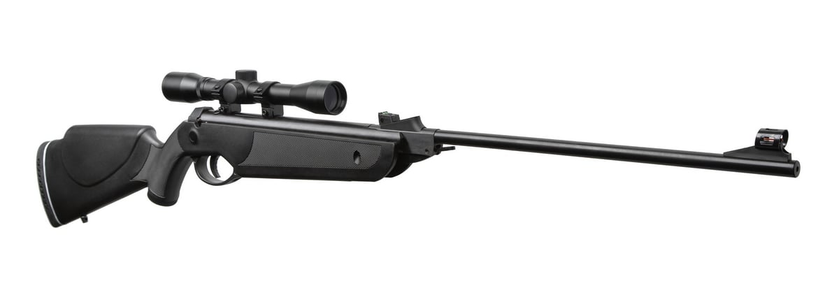 A black air rifle with a scope is shown on a white background.