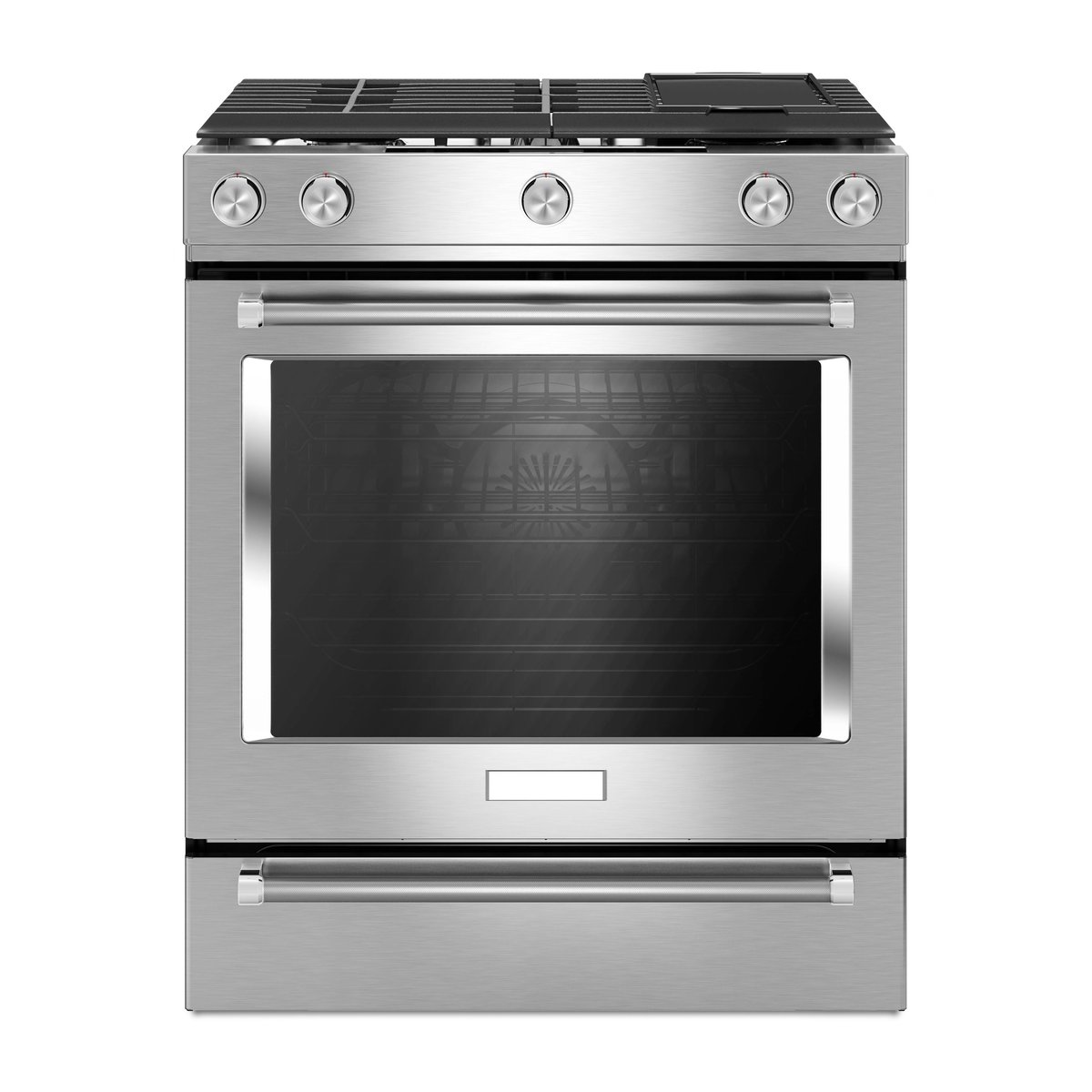 Single Gas Range Cooker Isolated on White Background. Front View of Stainless Steel Gas Stove. Steam Fuel Range with Convection Oven. Six Burner Gas Hob with Warming Drawer
