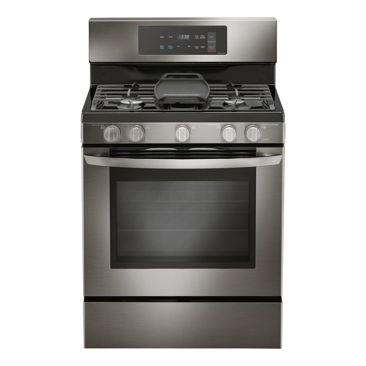 Black 6-plate gas stove with oven isolated on white
