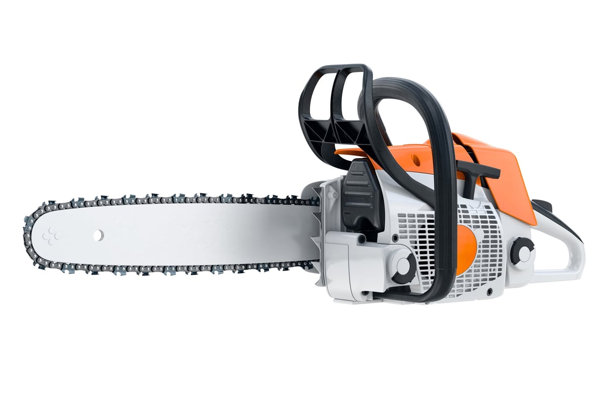 Orange and white gasoline chainsaw