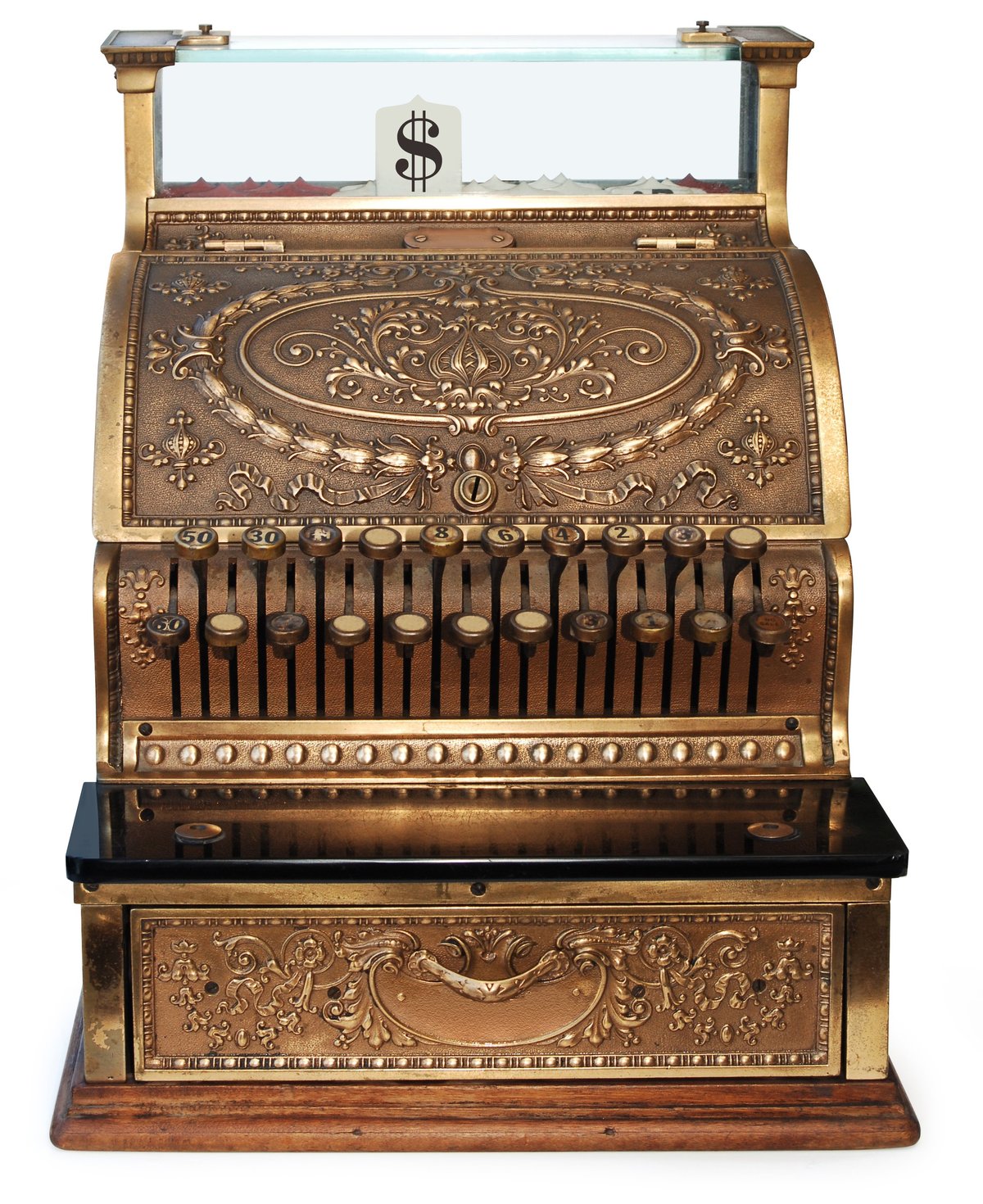 Ornate vintage brass cash register with decorative engravings, dollar sign display, and wooden base